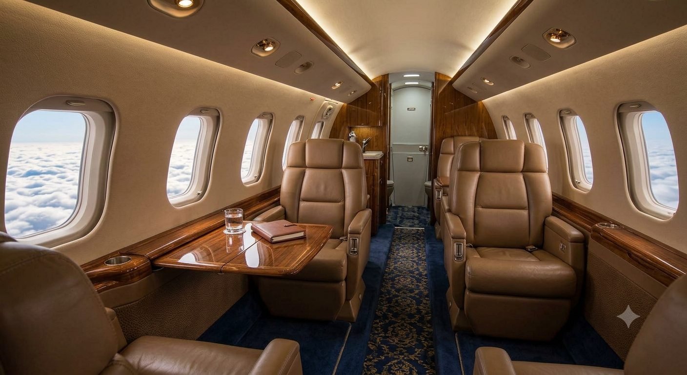 Private jet cabin interior with leather seats and wood tables